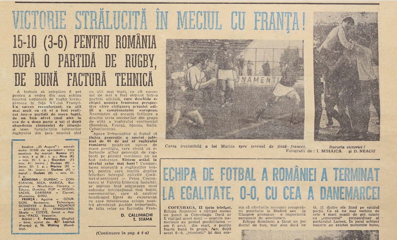 ROMÂNIA / ECHIPĂ NAȚIONALĂ: În urmă cu 50 de ani, naționala de rugby a obținut a 4-a victorie cu Franța